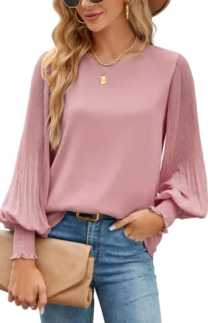 Aifer Womens Tops Dressy Casual Crew Neck Pleated Lantern Long Sleeve Work Shirts Chiffon Blouses Fashion 2025