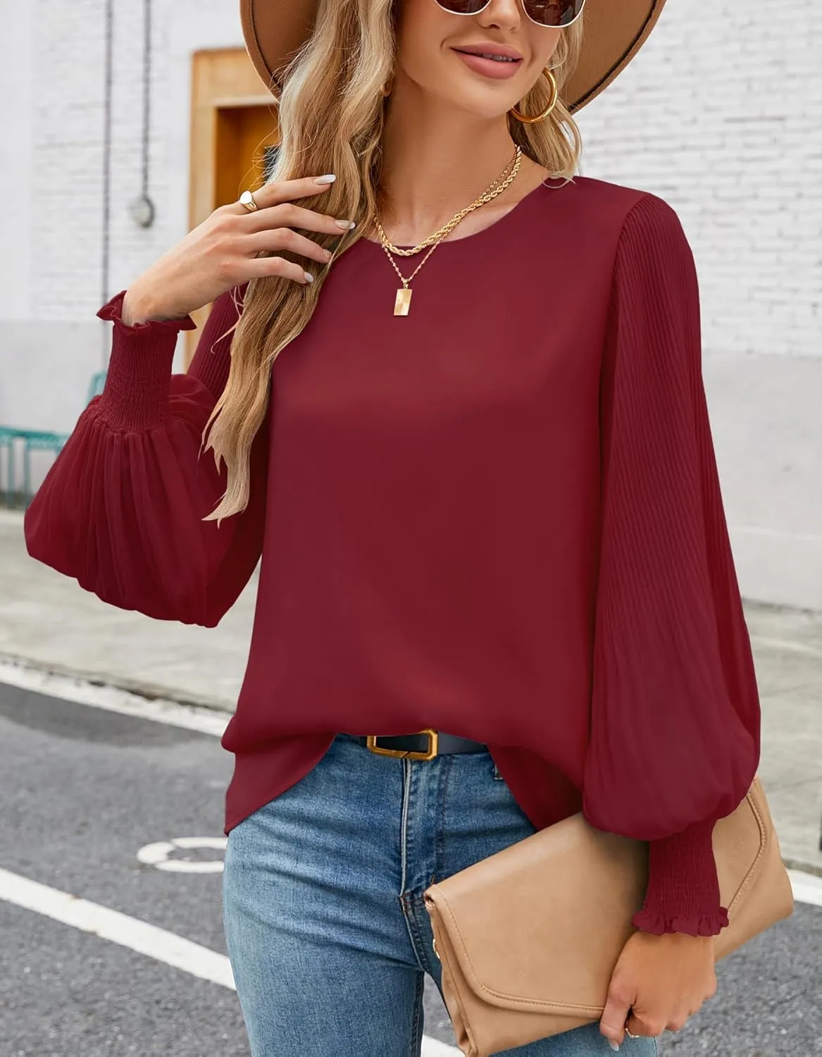 Aifer Womens Tops Dressy Casual Crew Neck Pleated Lantern Long Sleeve Work Shirts Chiffon Blouses Fashion 2025
