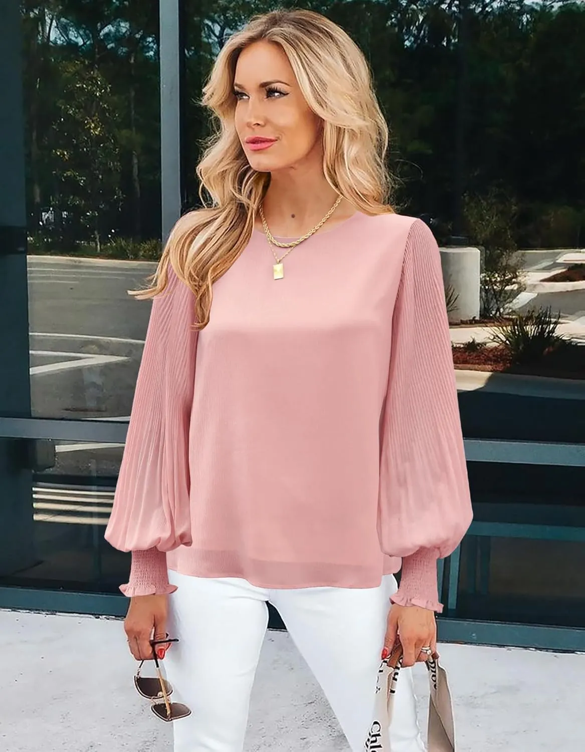 Aifer Womens Tops Dressy Casual Crew Neck Pleated Lantern Long Sleeve Work Shirts Chiffon Blouses Fashion 2025