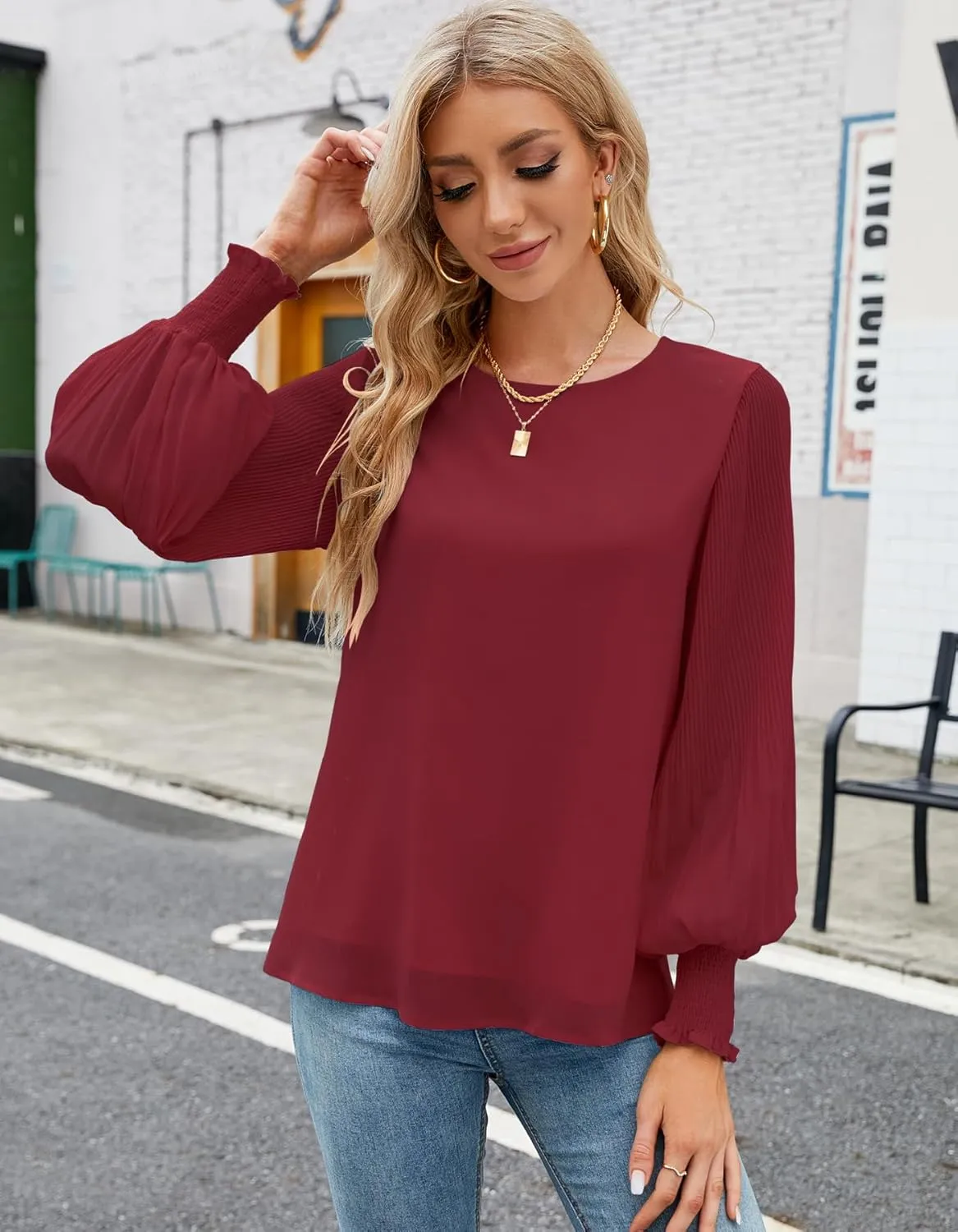 Aifer Womens Tops Dressy Casual Crew Neck Pleated Lantern Long Sleeve Work Shirts Chiffon Blouses Fashion 2025