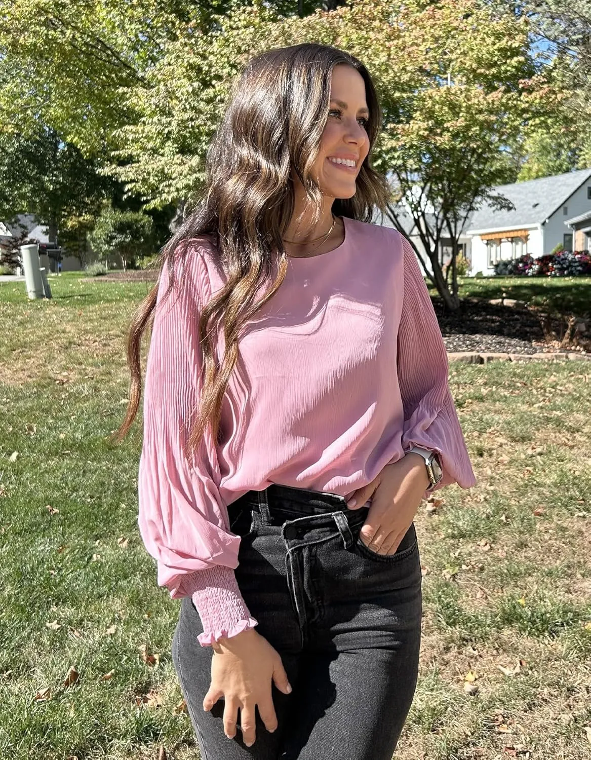 Aifer Womens Tops Dressy Casual Crew Neck Pleated Lantern Long Sleeve Work Shirts Chiffon Blouses Fashion 2025