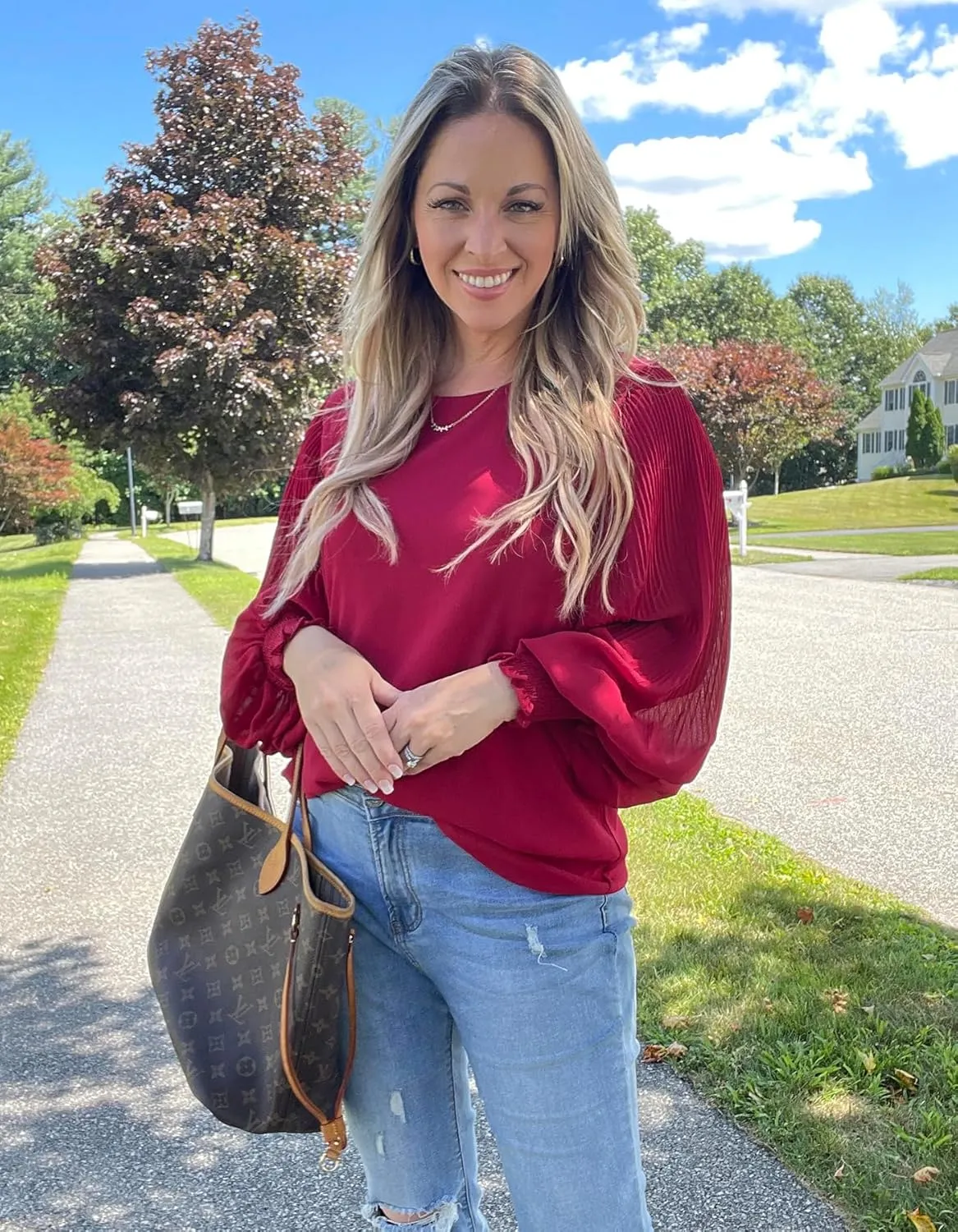 Aifer Womens Tops Dressy Casual Crew Neck Pleated Lantern Long Sleeve Work Shirts Chiffon Blouses Fashion 2025