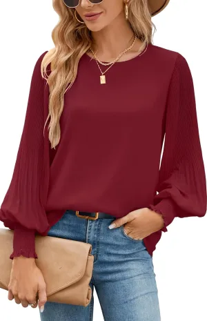 Aifer Womens Tops Dressy Casual Crew Neck Pleated Lantern Long Sleeve Work Shirts Chiffon Blouses Fashion 2025