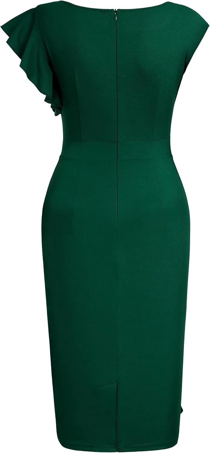 AISIZE Women's Pinup Vintage Ruffle Sleeves Cocktail Party Pencil Dress