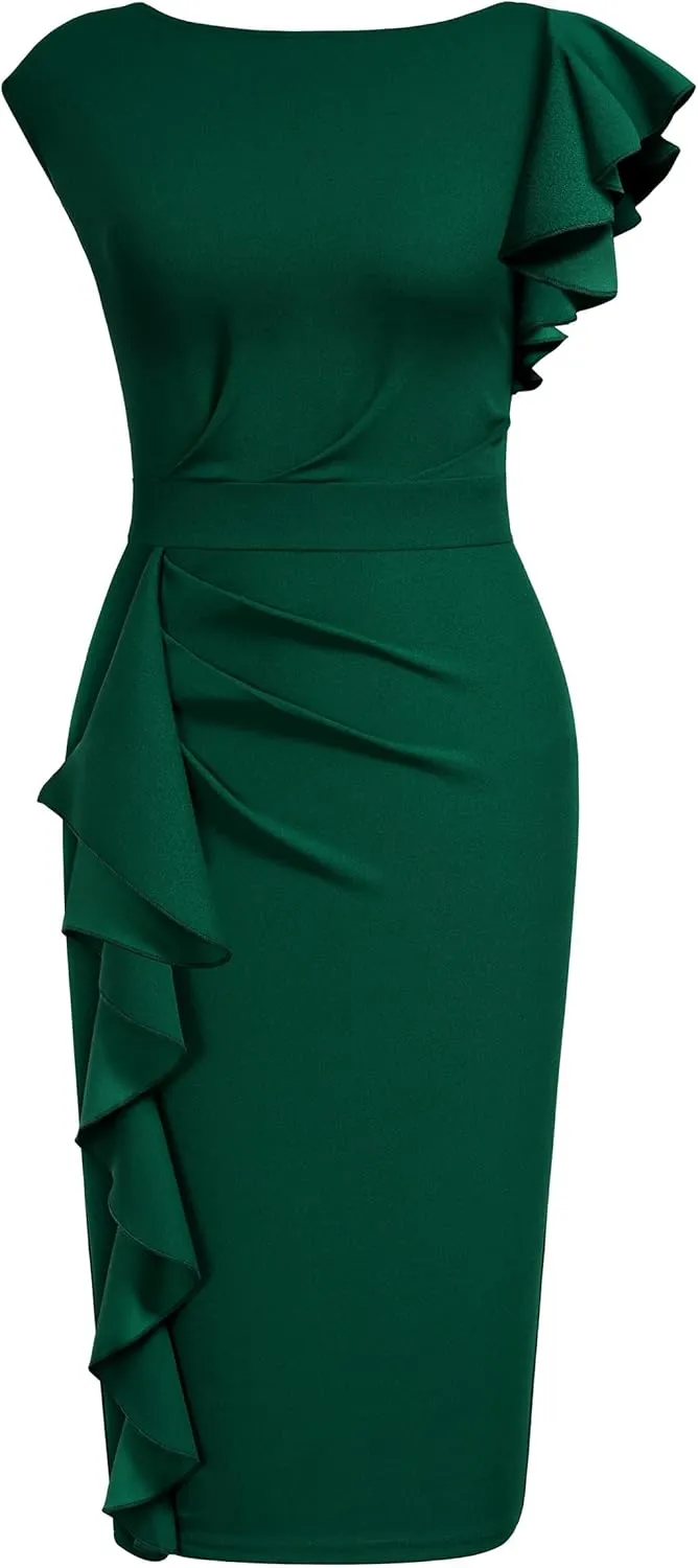 AISIZE Women's Pinup Vintage Ruffle Sleeves Cocktail Party Pencil Dress