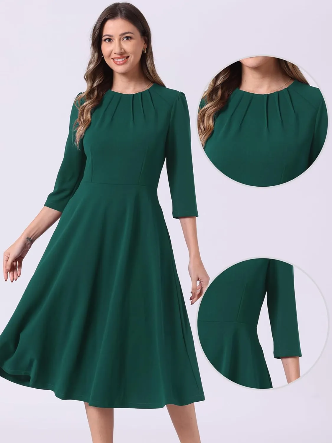 Allegra K Elegant Work Dress for Women's 3/4 Sleeve Round Neck Pockets Vintage A-Line Swing Midi Dress