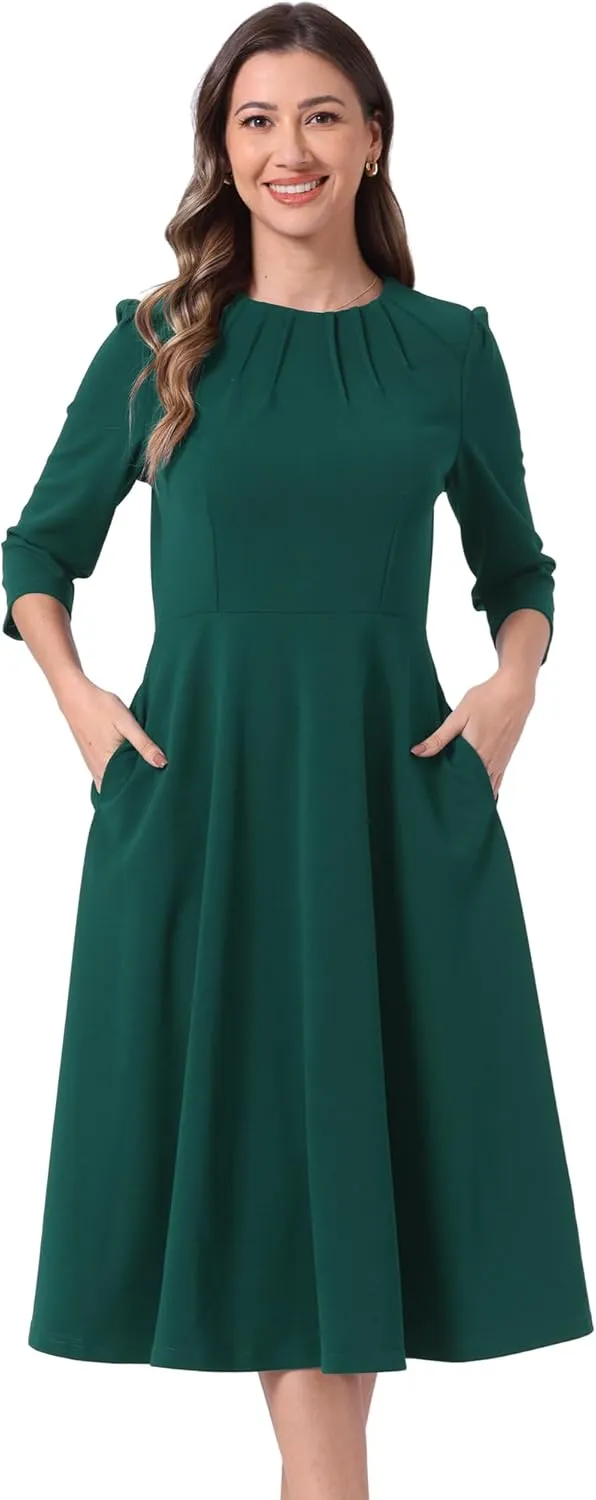 Allegra K Elegant Work Dress for Women's 3/4 Sleeve Round Neck Pockets Vintage A-Line Swing Midi Dress