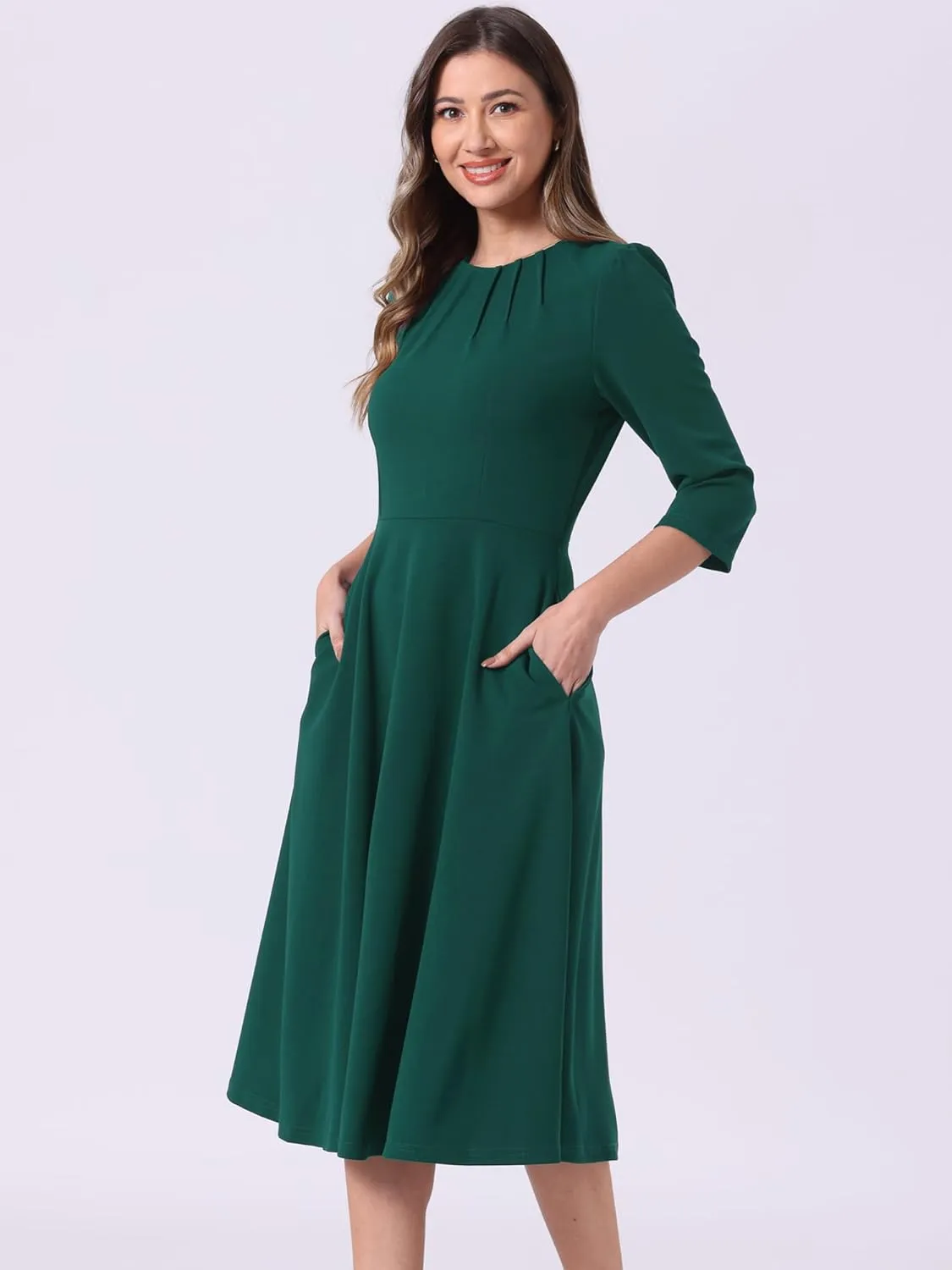 Allegra K Elegant Work Dress for Women's 3/4 Sleeve Round Neck Pockets Vintage A-Line Swing Midi Dress