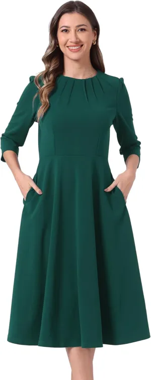 Allegra K Elegant Work Dress for Women's 3/4 Sleeve Round Neck Pockets Vintage A-Line Swing Midi Dress