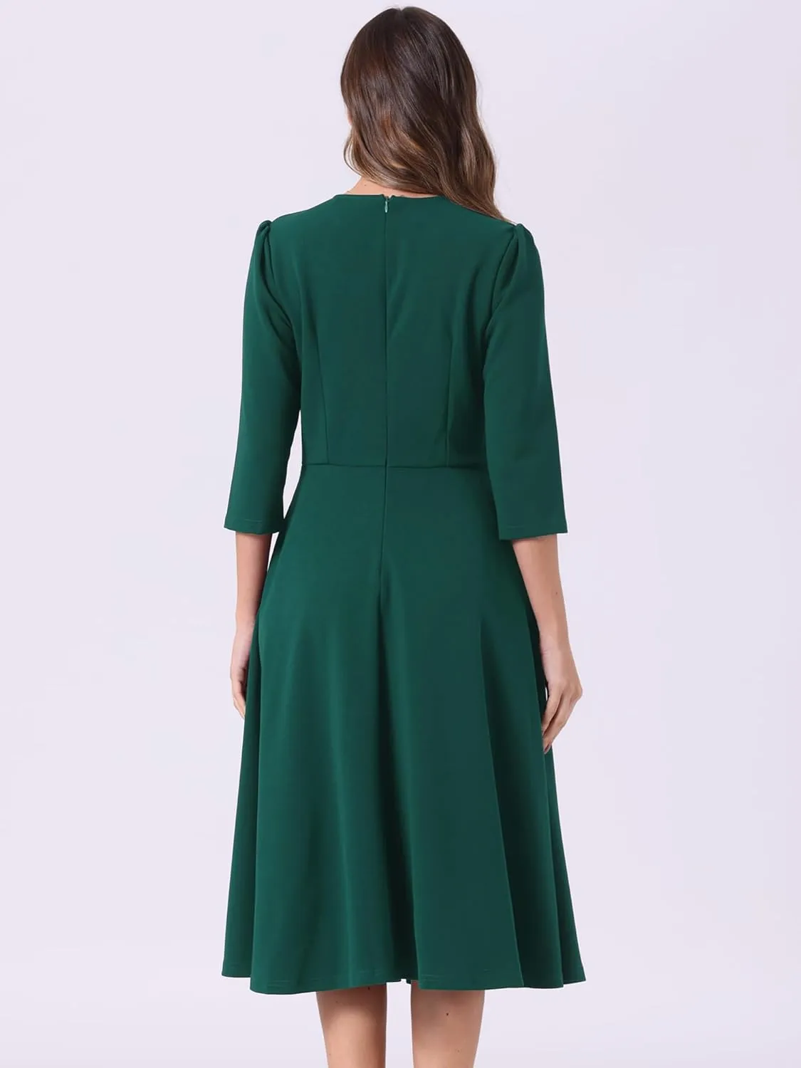Allegra K Elegant Work Dress for Women's 3/4 Sleeve Round Neck Pockets Vintage A-Line Swing Midi Dress