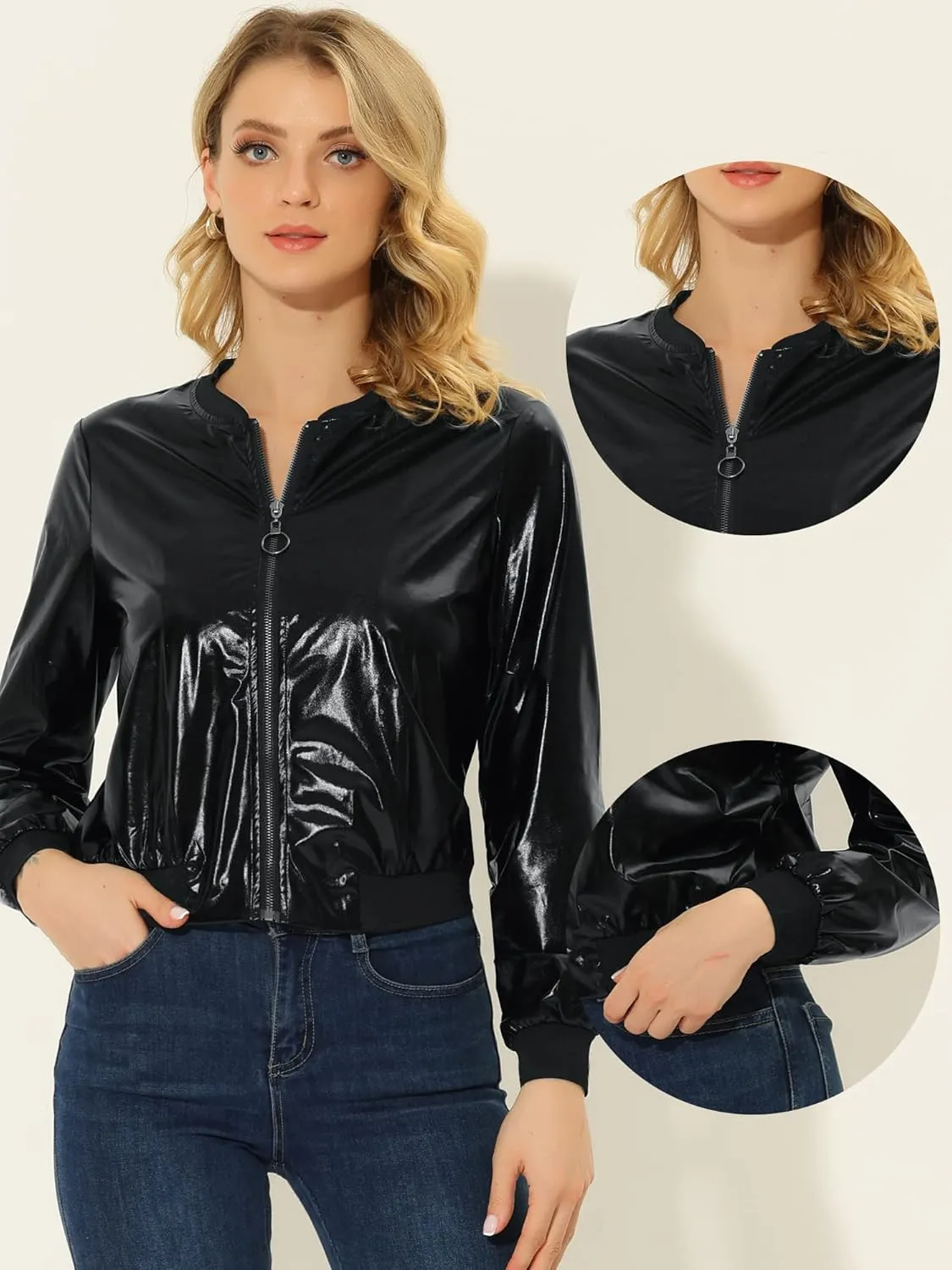 Allegra K Halloween Sparkle Holographic Metallic Jackets for Women's Shimmering Lightweight Shiny Bomber Jacket