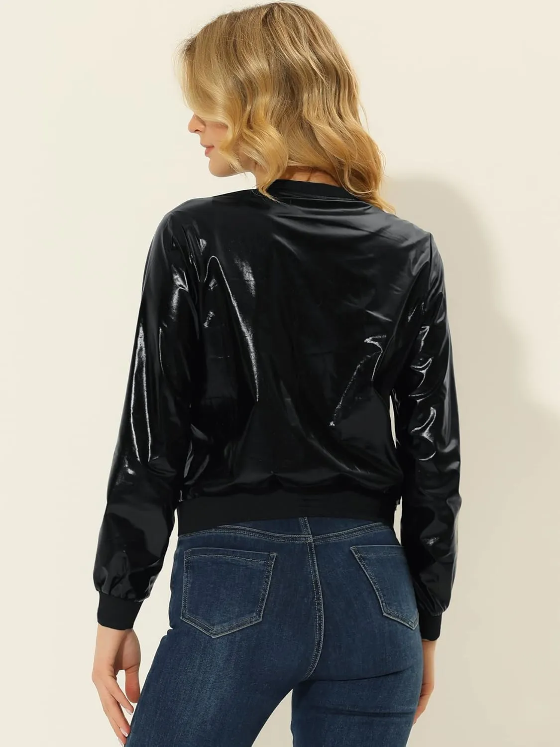 Allegra K Halloween Sparkle Holographic Metallic Jackets for Women's Shimmering Lightweight Shiny Bomber Jacket