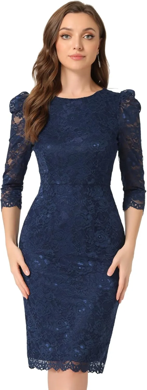 Allegra K Women's Elegant Lace Dress 3/4 Sleeve Business Wedding Guest Cocktail Bodycon Dress