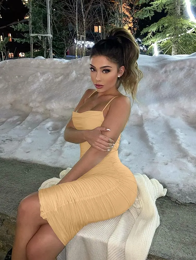 BEAGIMEG Women's Ruched Backless Spaghetti Strap Bodycon Party Club Midi Dress