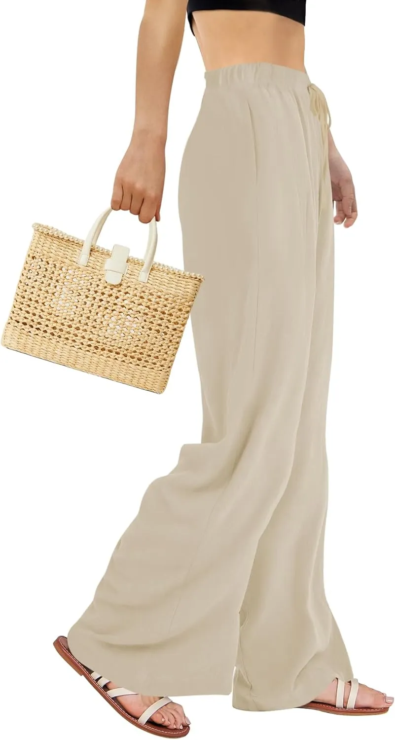 Buauty Plus Size Palazzo Cotton Linen Pants Women Wide Leg Pants Loose Fit Casual Comfy Lounge Flowy High Waist Trousers 2024