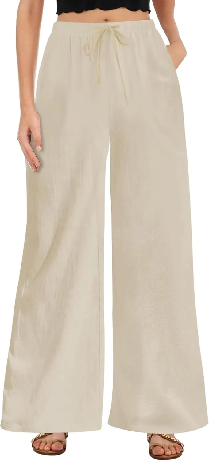 Buauty Plus Size Palazzo Cotton Linen Pants Women Wide Leg Pants Loose Fit Casual Comfy Lounge Flowy High Waist Trousers 2024