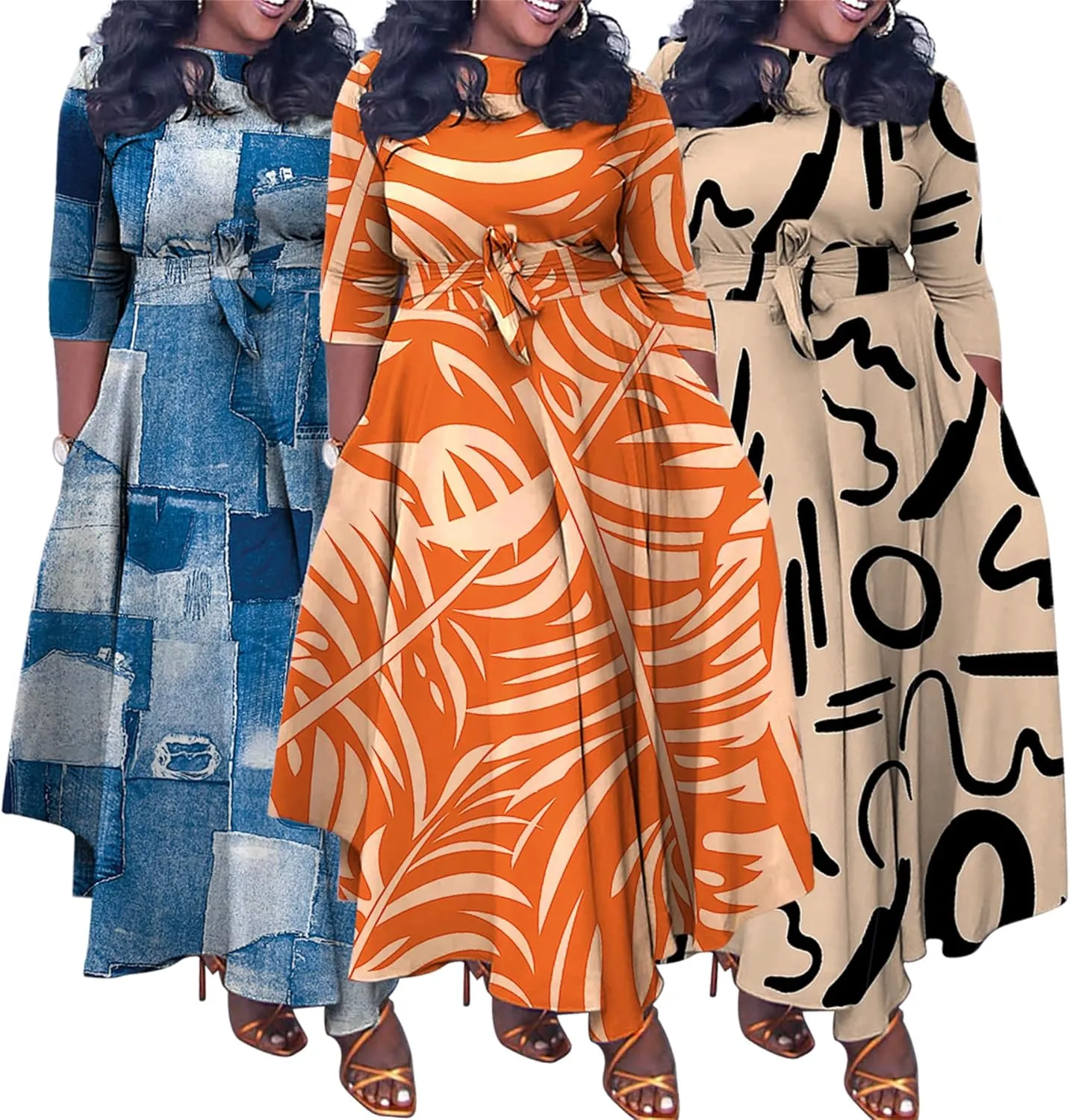 Casual Floral Print Plus Size Maxi Dress for Women 3/4 Sleeve High Waist Flowy Ruffle Fall Dresses with Belt