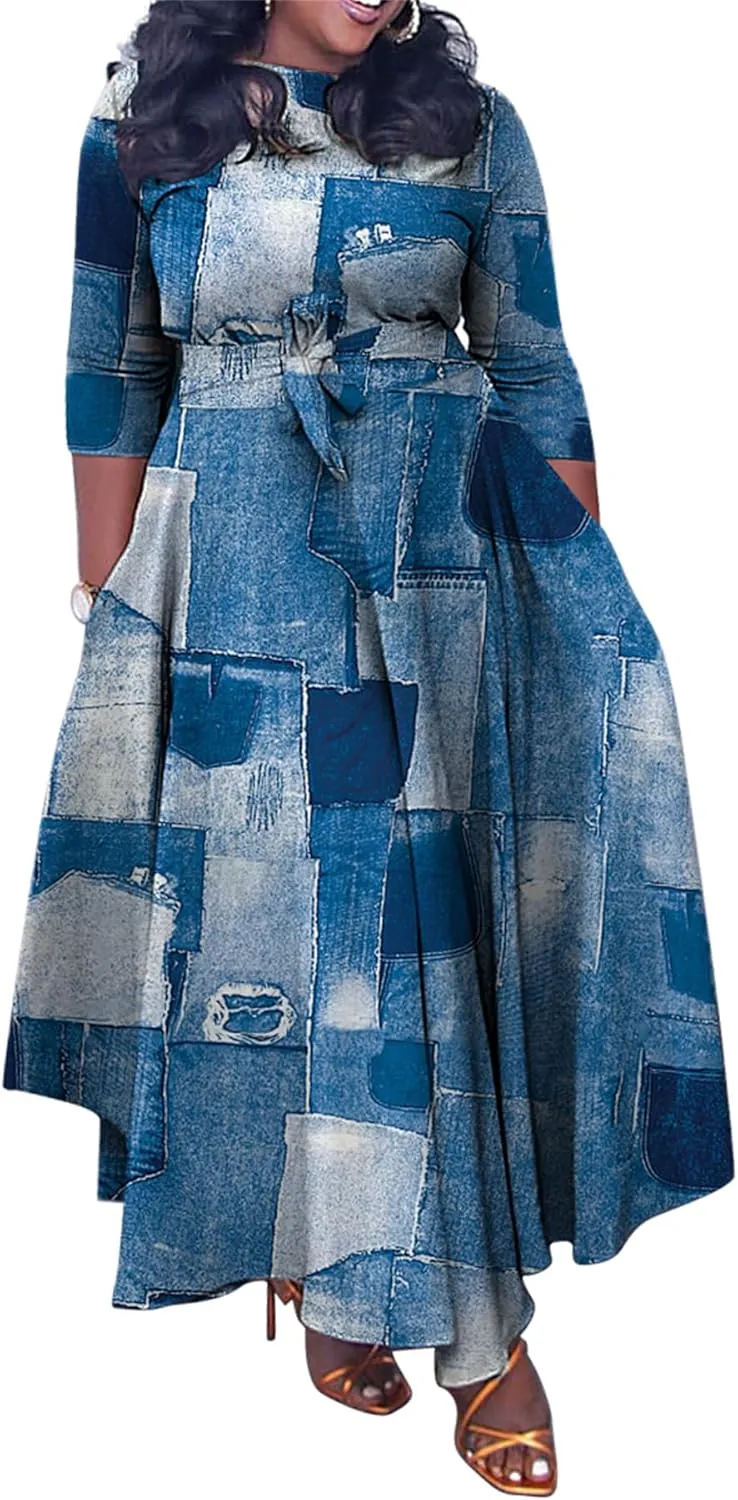 Casual Floral Print Plus Size Maxi Dress for Women 3/4 Sleeve High Waist Flowy Ruffle Fall Dresses with Belt