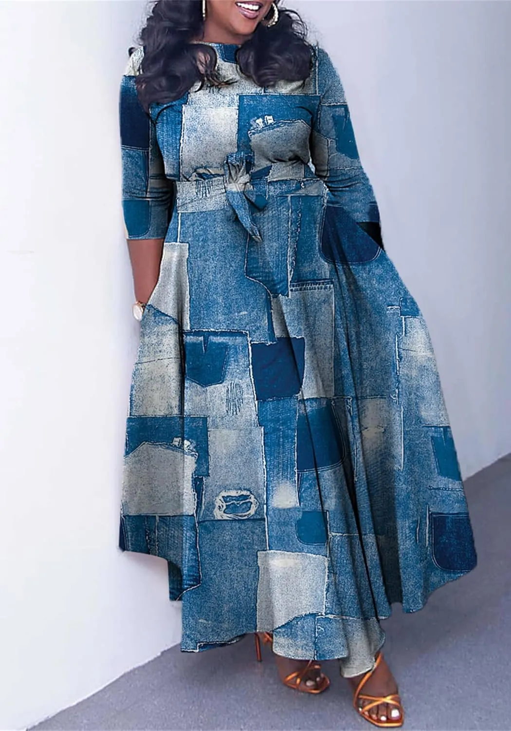 Casual Floral Print Plus Size Maxi Dress for Women 3/4 Sleeve High Waist Flowy Ruffle Fall Dresses with Belt