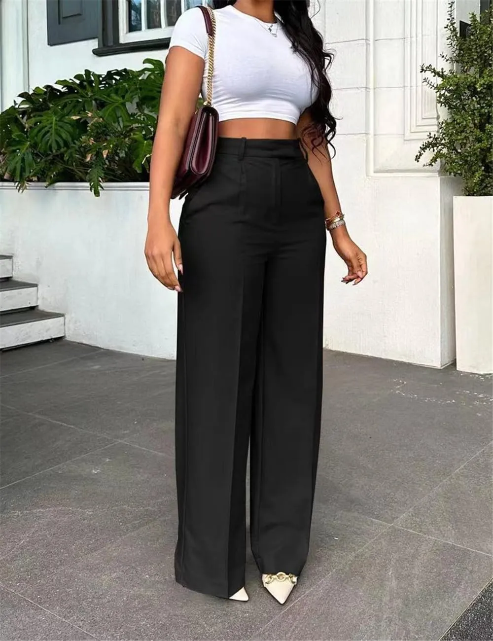 Casual Wide Leg Dress Pants Business Office Trousers with Pockets