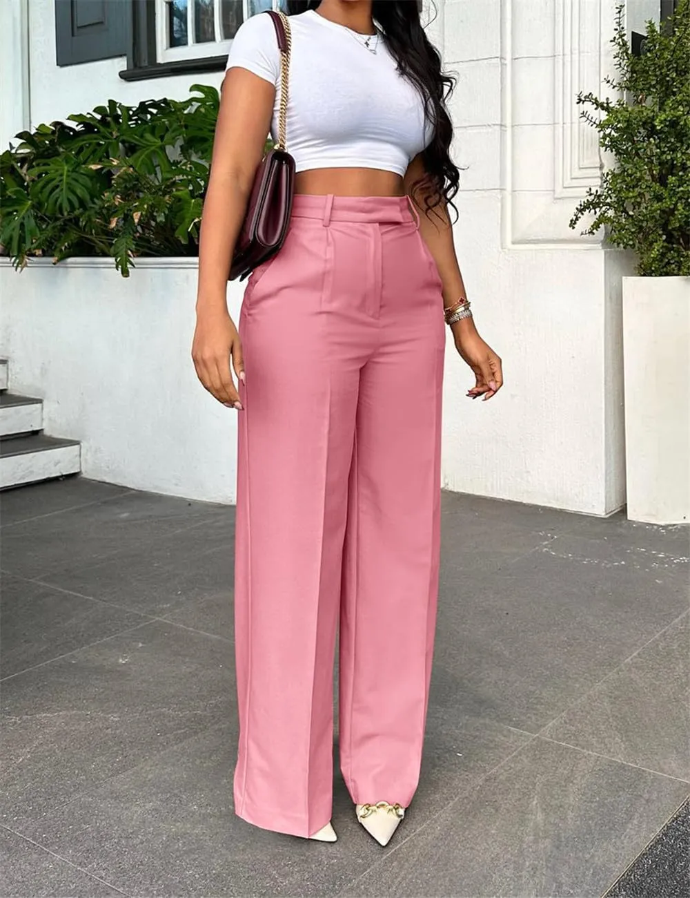 Casual Wide Leg Dress Pants Business Office Trousers with Pockets