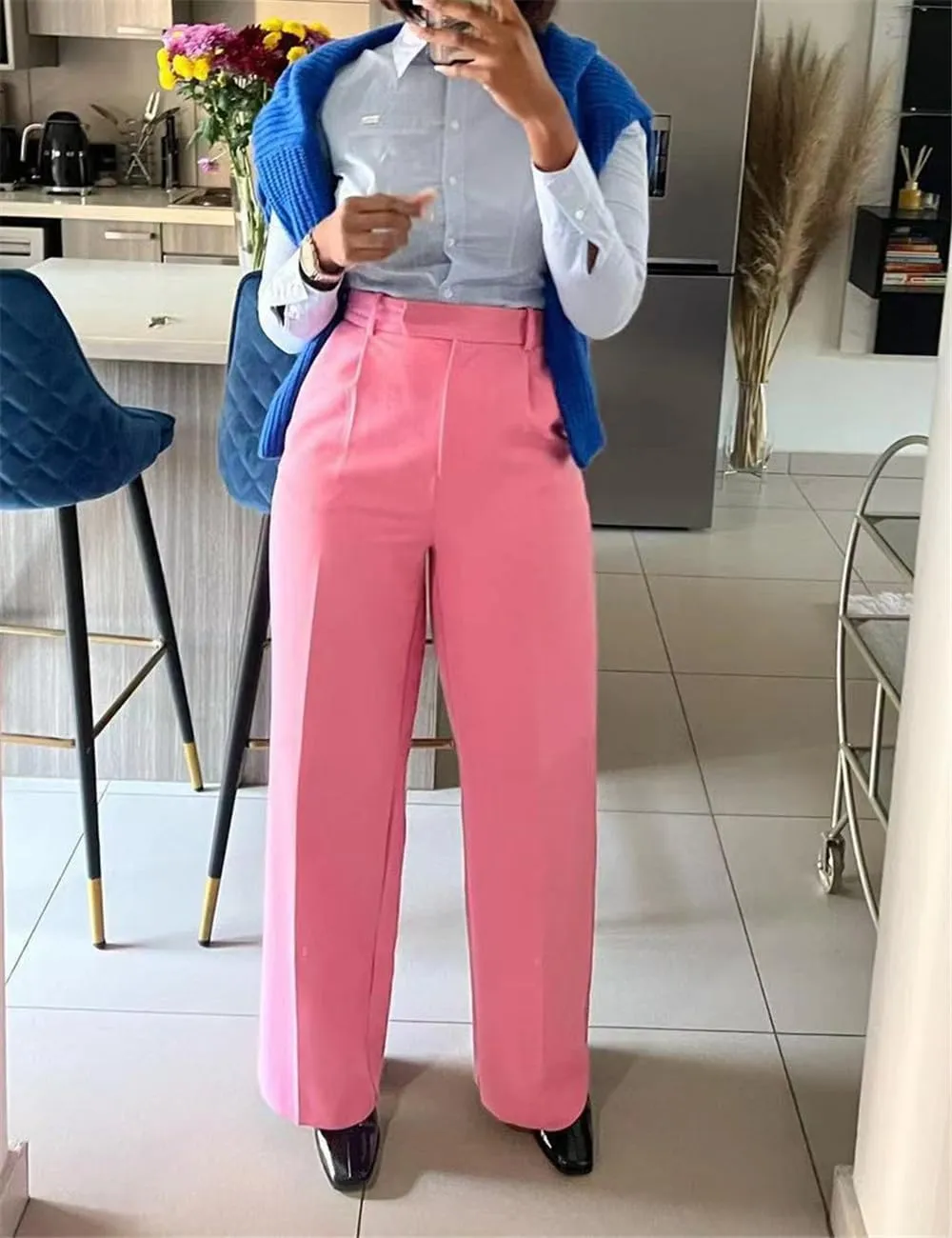 Casual Wide Leg Dress Pants Business Office Trousers with Pockets