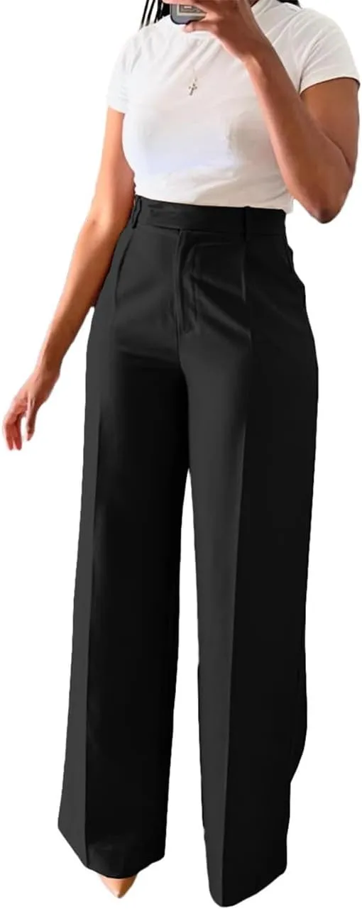Casual Wide Leg Dress Pants Business Office Trousers with Pockets