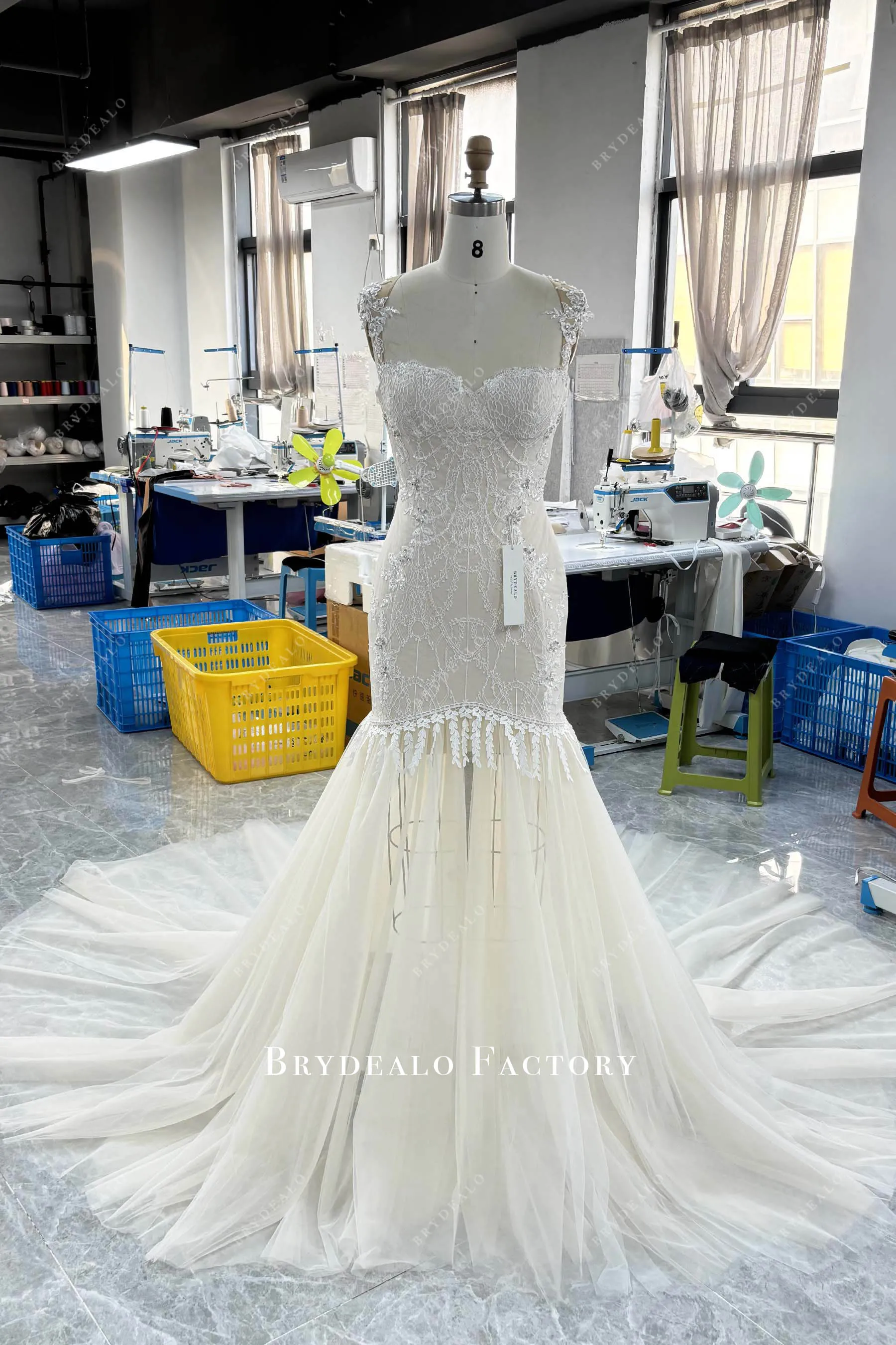 Champagne Illusion Back Beaded Lace Mermaid Wedding Dress