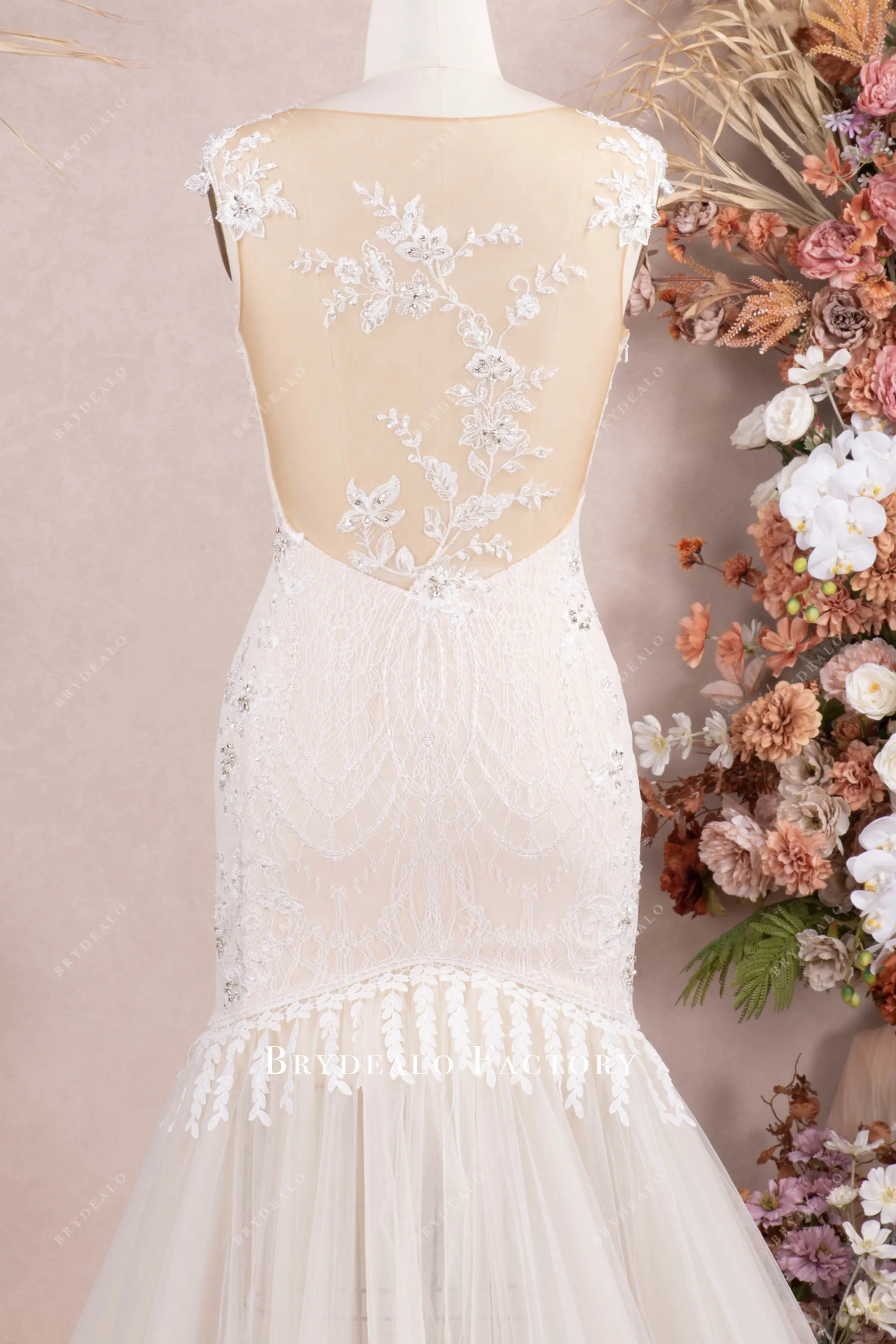 Champagne Illusion Back Beaded Lace Mermaid Wedding Dress