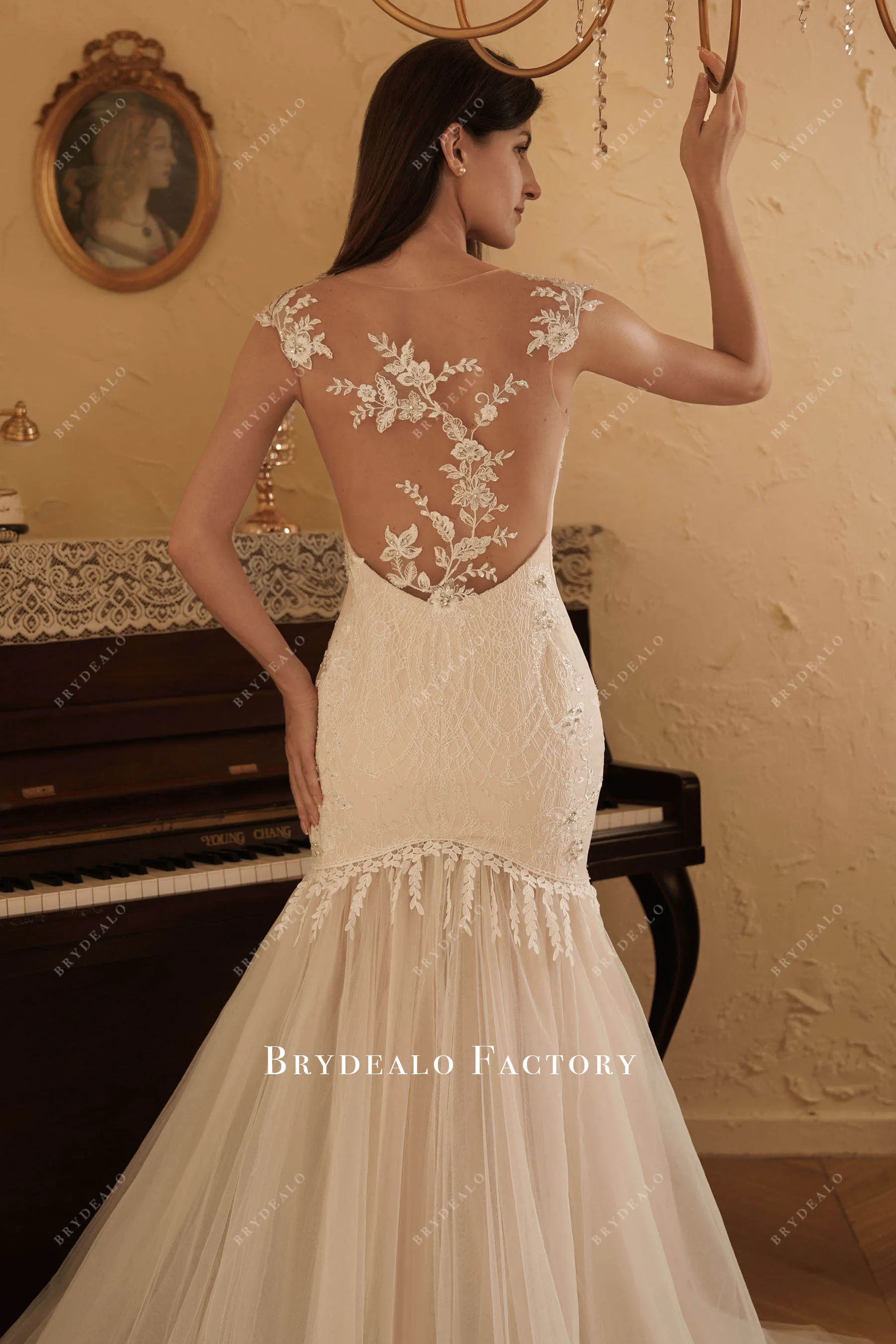 Champagne Illusion Back Beaded Lace Mermaid Wedding Dress
