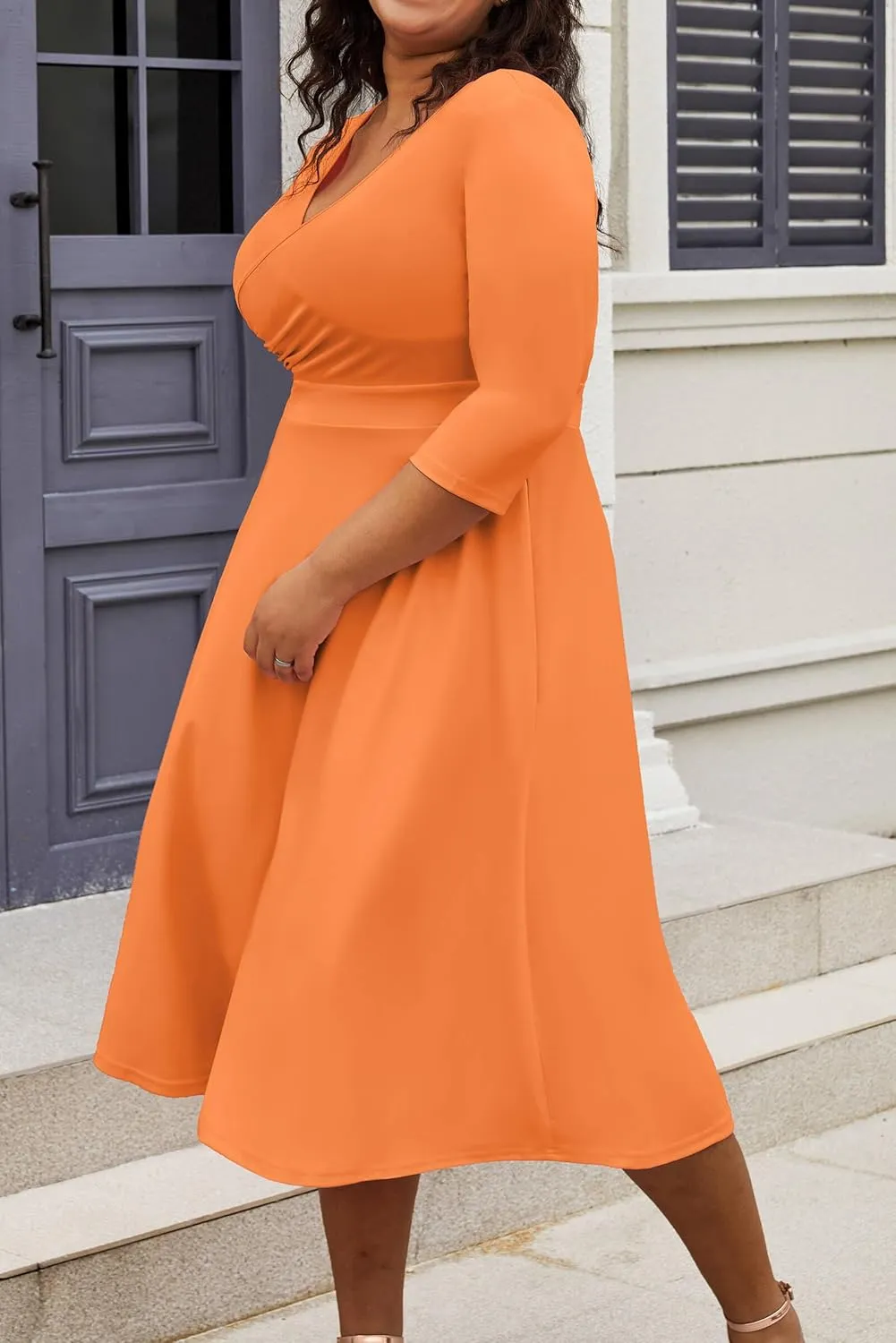 CLOCOR Women's Plus Size Midi Dress 3/4 Sleeve A-Line Swing Dress V Neck Flowy Casual Dresses