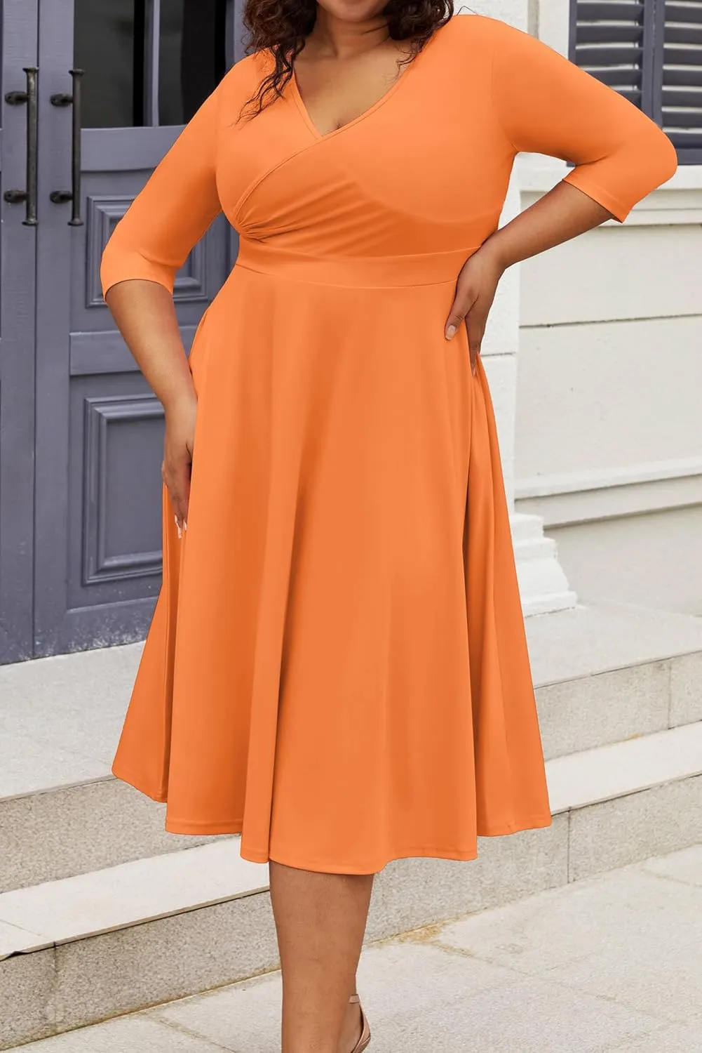 CLOCOR Women's Plus Size Midi Dress 3/4 Sleeve A-Line Swing Dress V Neck Flowy Casual Dresses