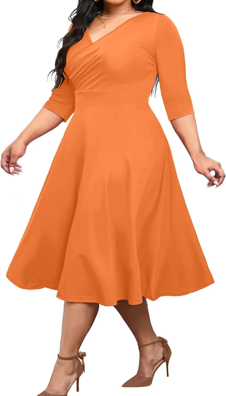 CLOCOR Women's Plus Size Midi Dress 3/4 Sleeve A-Line Swing Dress V Neck Flowy Casual Dresses