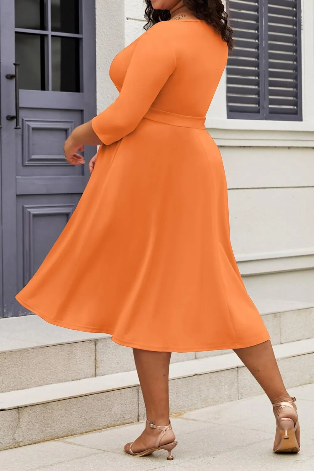 CLOCOR Women's Plus Size Midi Dress 3/4 Sleeve A-Line Swing Dress V Neck Flowy Casual Dresses