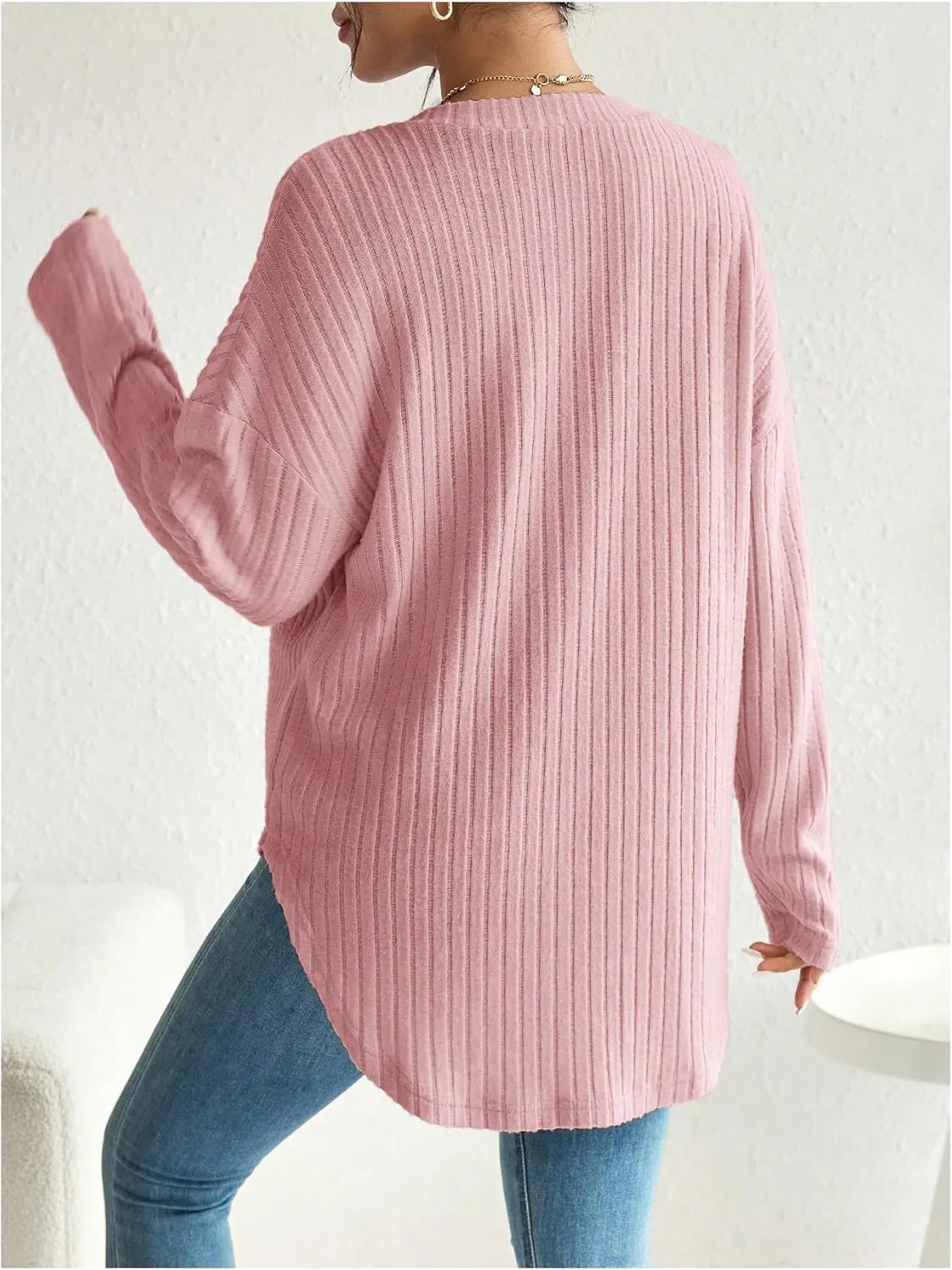 COZYEASE Women's Maternity Ribbed Knit Button Down Tee Shirt Drop Shoulder V Neck Sweater Top