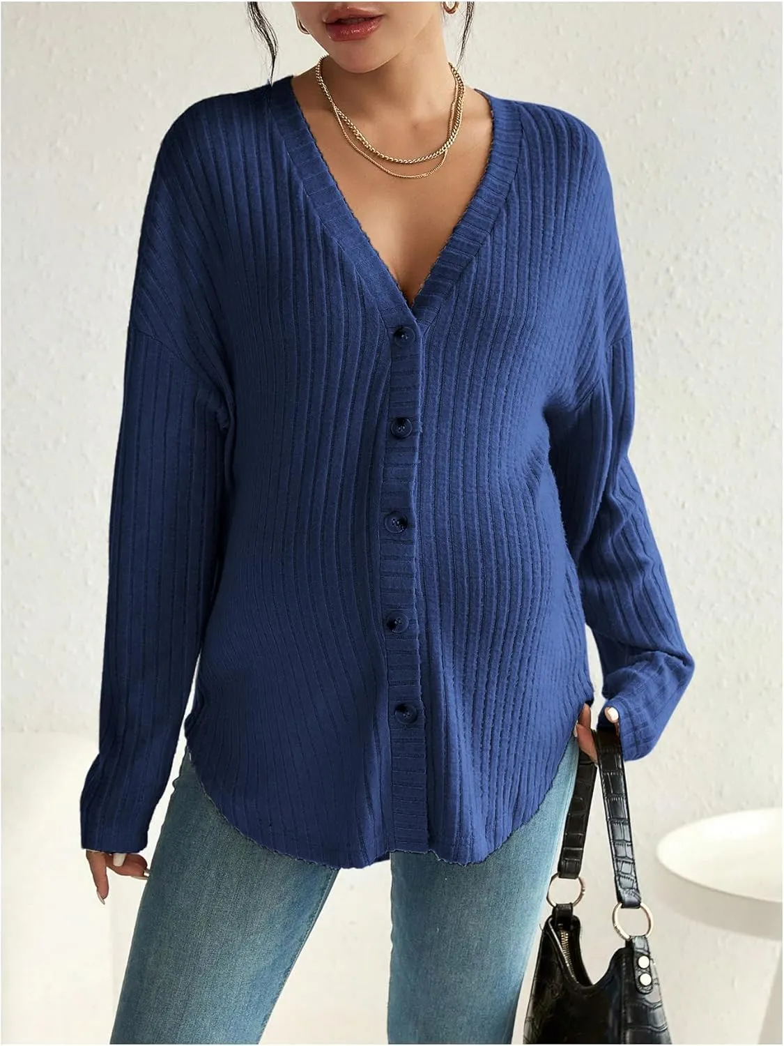COZYEASE Women's Maternity Ribbed Knit Button Down Tee Shirt Drop Shoulder V Neck Sweater Top
