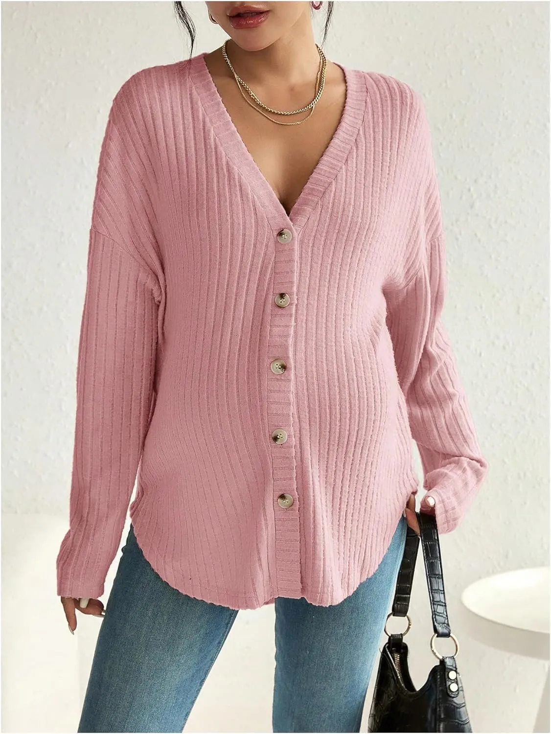 COZYEASE Women's Maternity Ribbed Knit Button Down Tee Shirt Drop Shoulder V Neck Sweater Top
