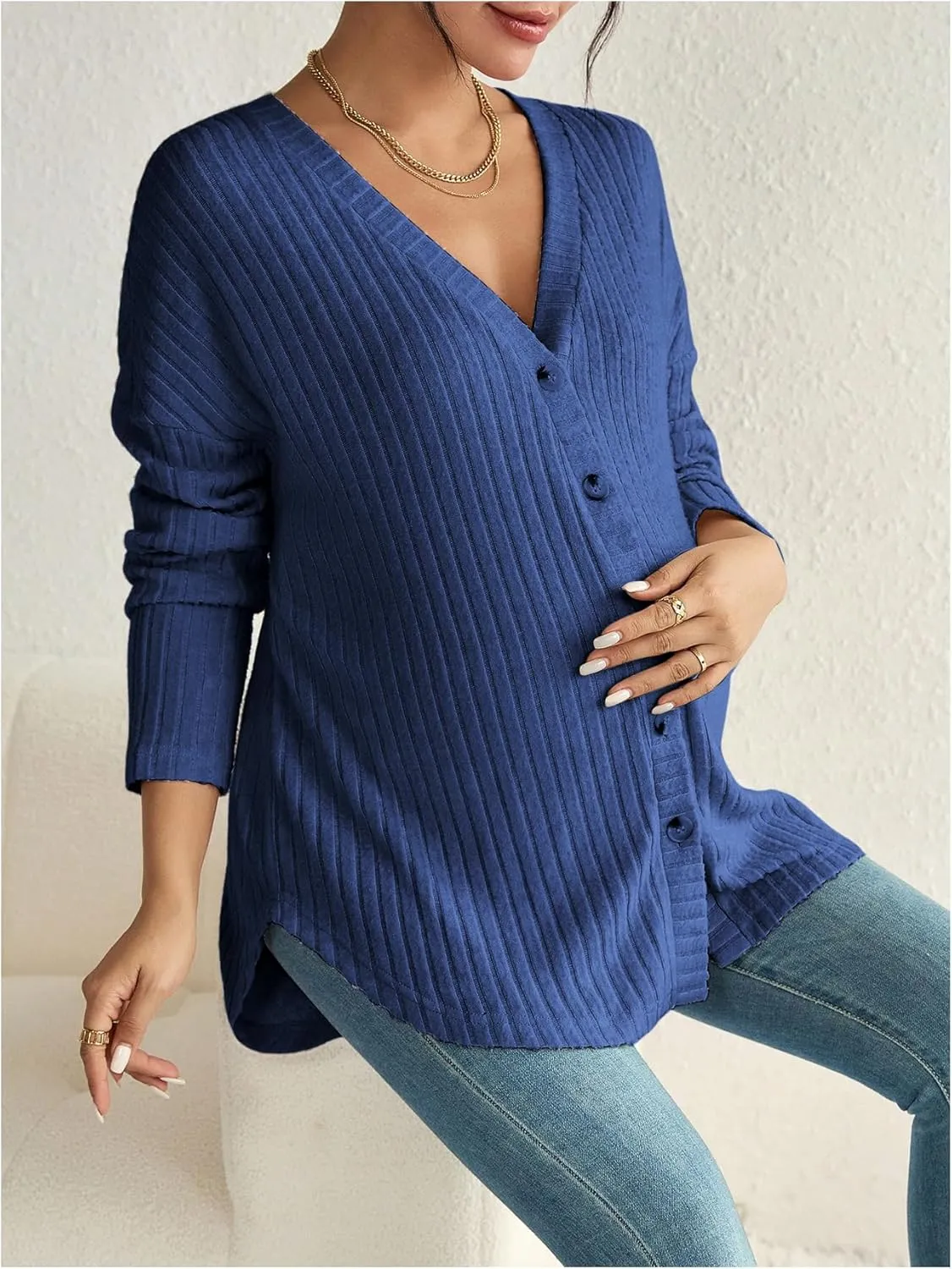 COZYEASE Women's Maternity Ribbed Knit Button Down Tee Shirt Drop Shoulder V Neck Sweater Top