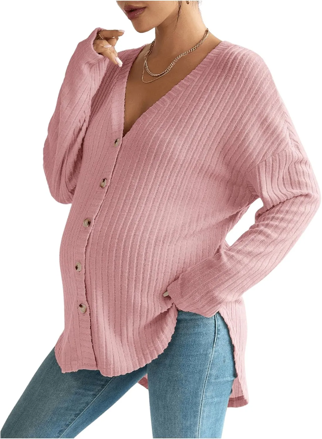 COZYEASE Women's Maternity Ribbed Knit Button Down Tee Shirt Drop Shoulder V Neck Sweater Top