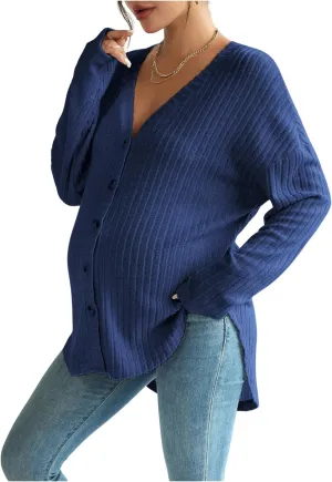 COZYEASE Women's Maternity Ribbed Knit Button Down Tee Shirt Drop Shoulder V Neck Sweater Top