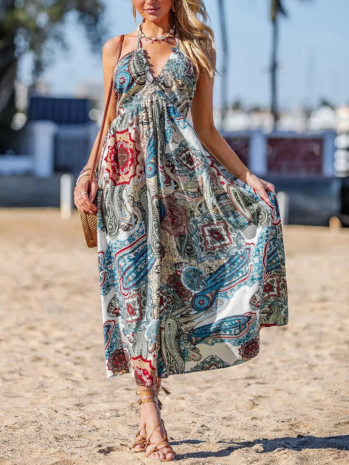 CUPSHE Women Backless Floral Summer Dress Plunging V Halter Neck Spaghetti Strap Ruffle Casual Beach Holiday Maxi Dress