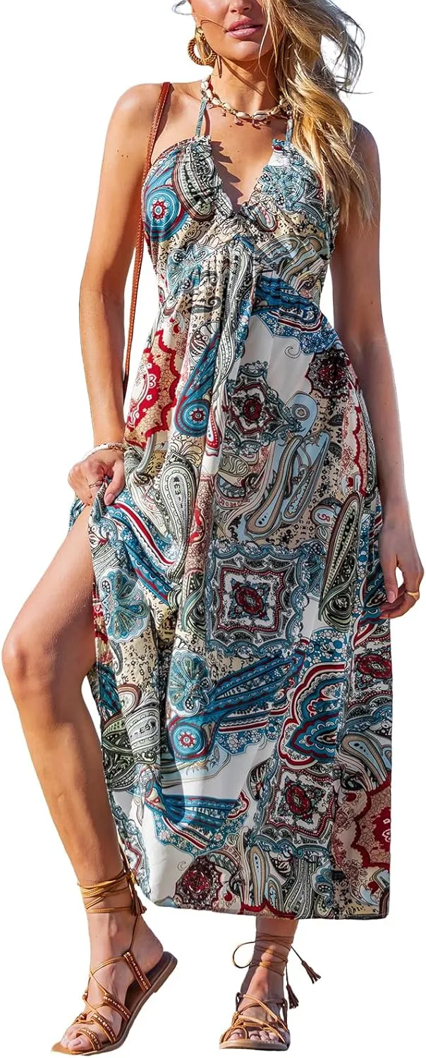 CUPSHE Women Backless Floral Summer Dress Plunging V Halter Neck Spaghetti Strap Ruffle Casual Beach Holiday Maxi Dress