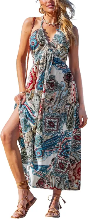 CUPSHE Women Backless Floral Summer Dress Plunging V Halter Neck Spaghetti Strap Ruffle Casual Beach Holiday Maxi Dress