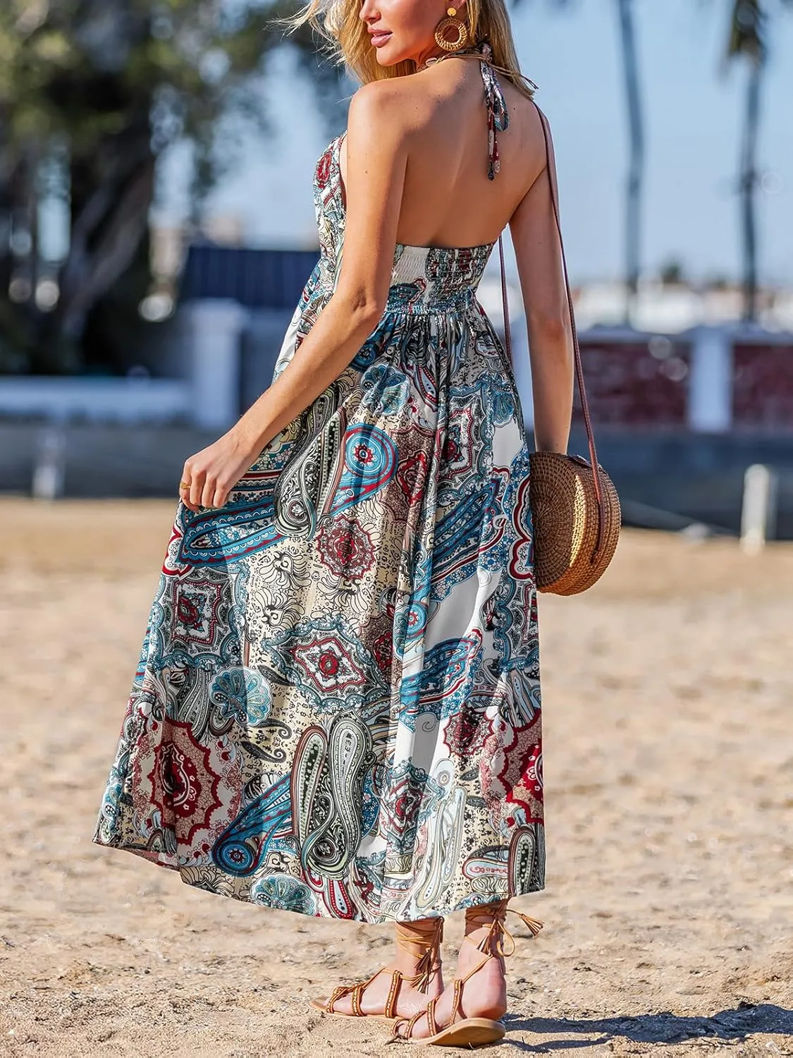 CUPSHE Women Backless Floral Summer Dress Plunging V Halter Neck Spaghetti Strap Ruffle Casual Beach Holiday Maxi Dress