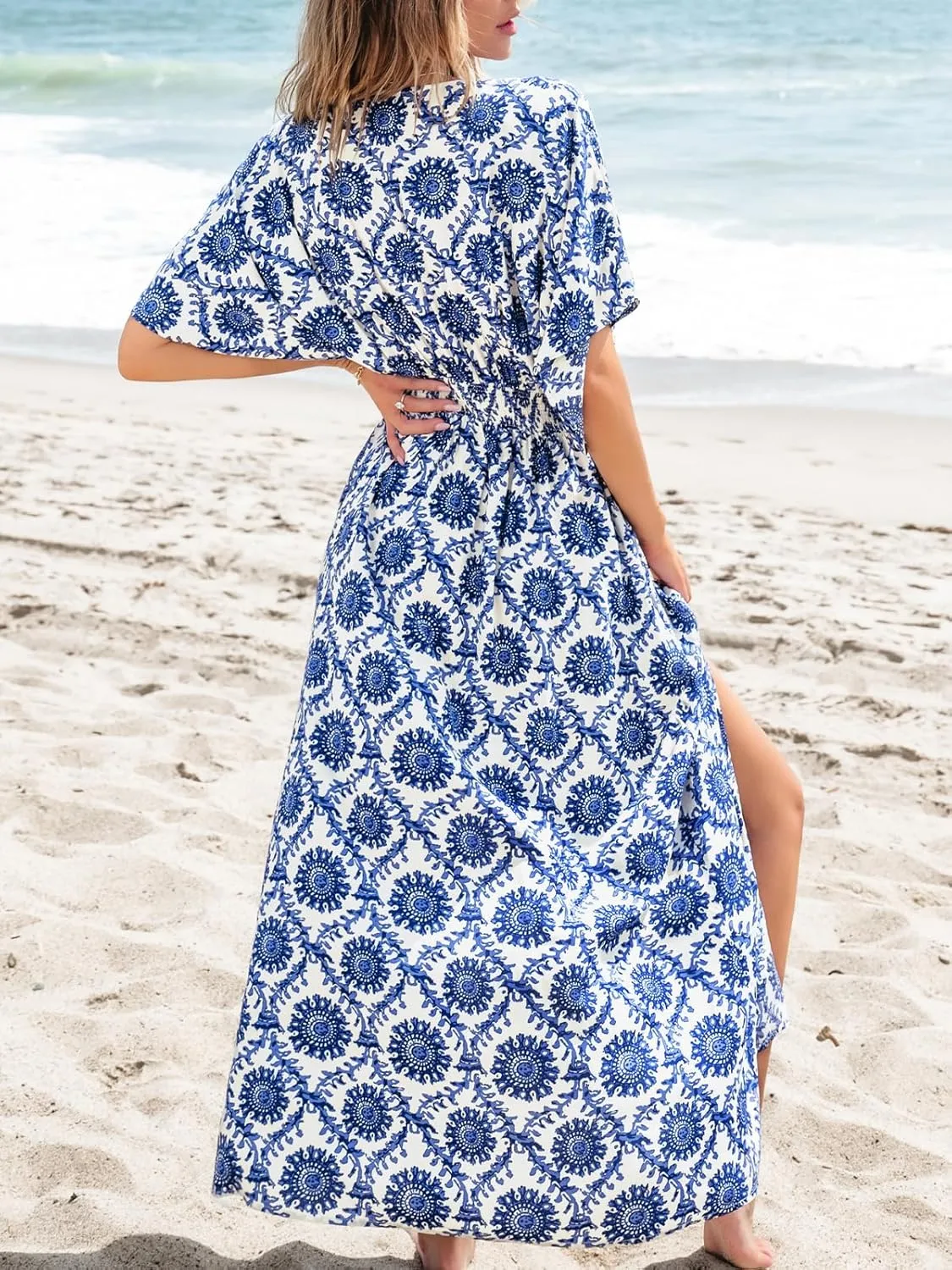 CUPSHE Women Boho Maxi Summer Dress Plunging V Half Dolman Sleeve Empired Waist Side Slit Sundress Holiday Beach Dresses