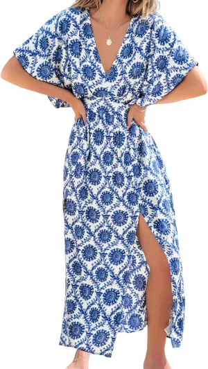 CUPSHE Women Boho Maxi Summer Dress Plunging V Half Dolman Sleeve Empired Waist Side Slit Sundress Holiday Beach Dresses