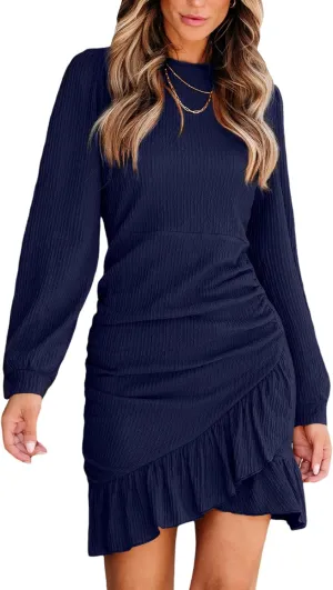 CUPSHE Women Knit Ruched Summer Dress Smocked Ruffle Hem Crew Neck Long Sleeve Bodycon Sexy Casual Holiday Mini Dress