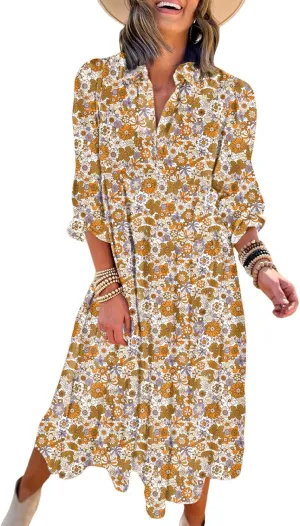 Dokotoo Women's Casual Loose Bohemian Floral Dresses 2025 Long Puff Sleeve V Neck Ruffle A Line Flowy Summer Beach Dress