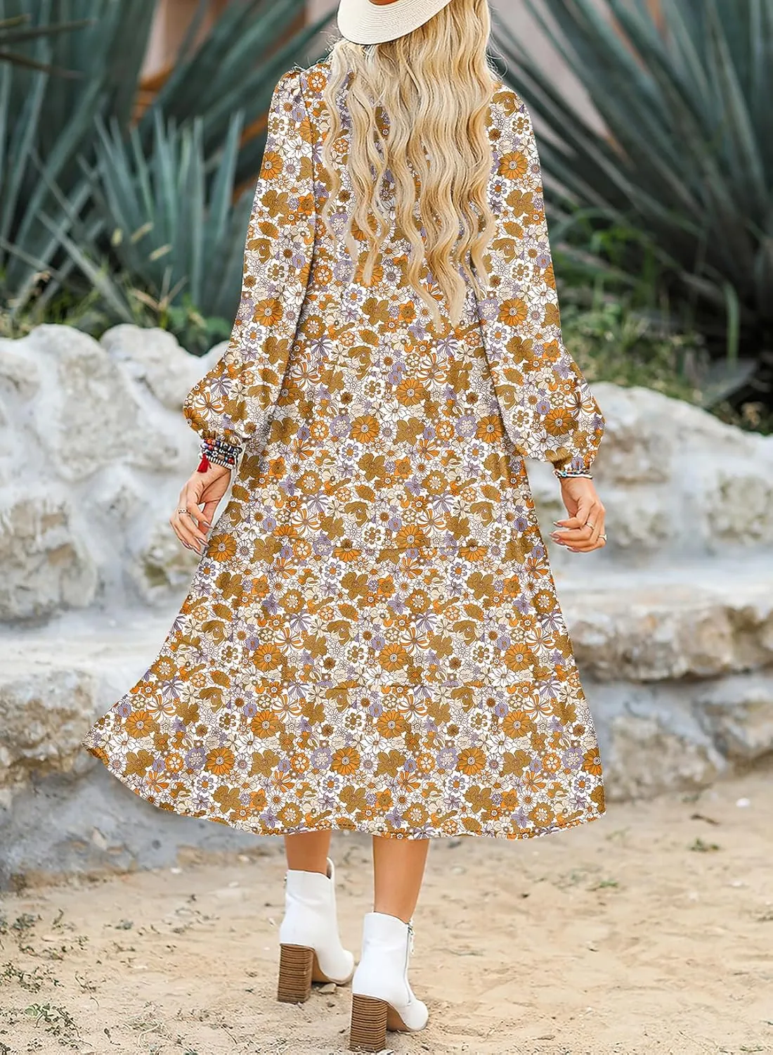 Dokotoo Women's Casual Loose Bohemian Floral Dresses 2025 Long Puff Sleeve V Neck Ruffle A Line Flowy Summer Beach Dress