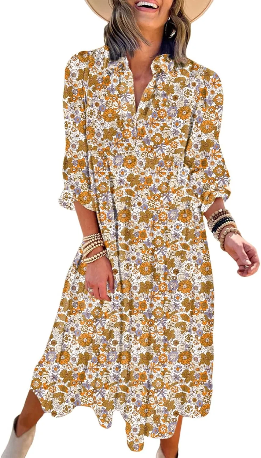 Dokotoo Women's Casual Loose Bohemian Floral Dresses 2025 Long Puff Sleeve V Neck Ruffle A Line Flowy Summer Beach Dress